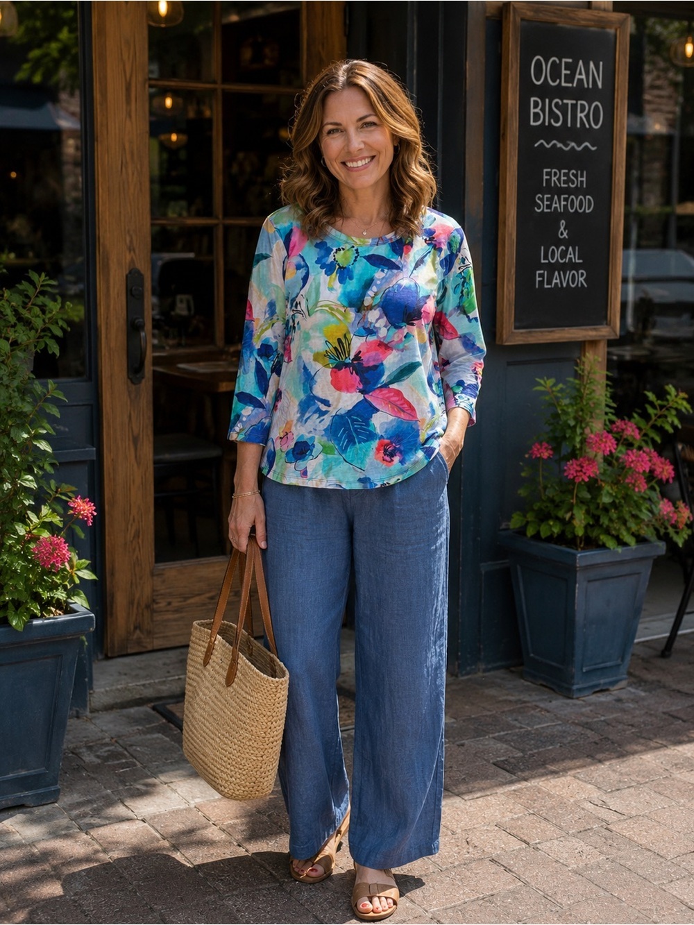 Jess & Jane | Abstract Watercolor Print 3/4 Sleeve Top Colorful, Made In USA, S